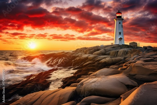 A lighthouse stands tall on a rocky shore overlooking the ocean at sunset. Generative AI