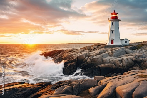 A lighthouse stands tall on a rocky shore, overlooking the ocean during sunset. Generative AI