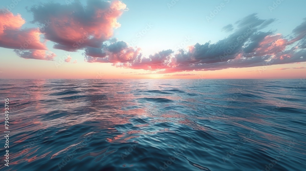Obraz premium Ethereal seascape at sunset with pastel-colored clouds reflected over the calm ocean Concept of natural serenity, the beauty of twilight, and peaceful reflections