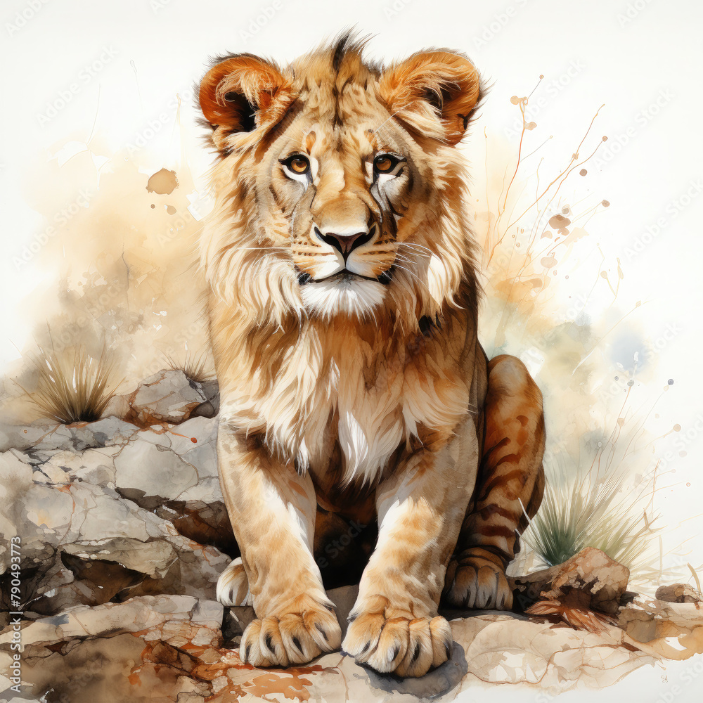 Watercolor Southern African Lion, clipart Illustration, Generative Ai