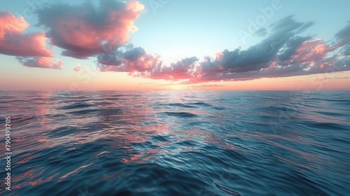 Ethereal seascape at sunset with pastel-colored clouds reflected over the calm ocean Concept of natural serenity  the beauty of twilight  and peaceful reflections