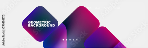 A geometric pattern of purple and blue squares creating symmetry on a white background, with hints of violet, pink, and magenta. Electric blue triangles and circles add to the dynamic font photo