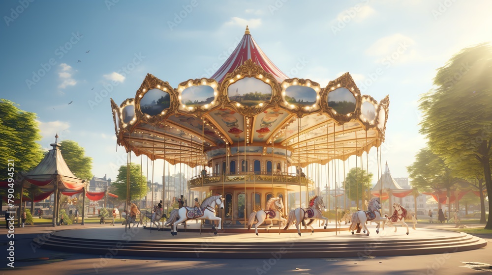 Fototapeta premium Describe the excitement and anticipation of a grand carousel unveiling ceremony in a small town, where the entire community comes together to celebrate