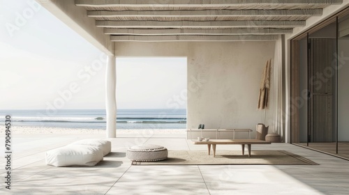 Explore the use of minimalistic design principles to depict a serene summer beach setting  focusing on simplicity and tranquility    
