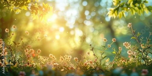 Sun Shining Through Trees and Flowers. Generative AI