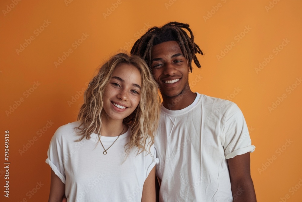 Horizontal shot of mixed race, couple stand closely to each other, isolated over background
Horizontal shot of mixed race, couple stand closely to each other, isolated over background