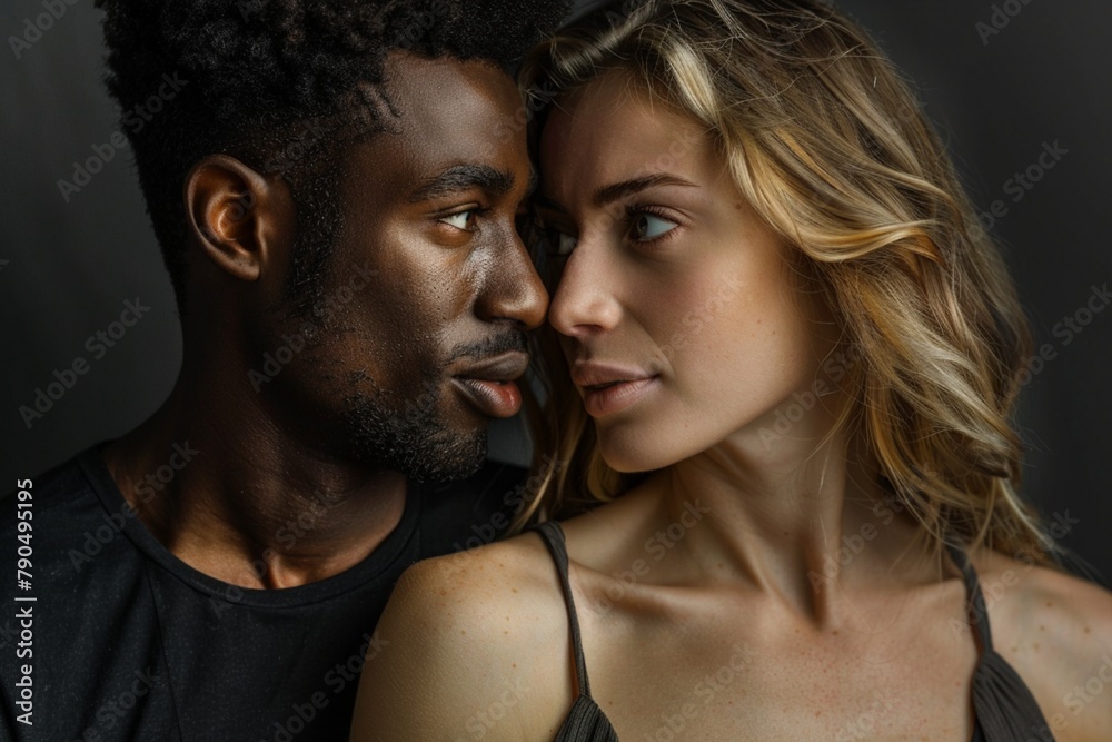 Horizontal shot of mixed race, couple stand closely to each other, isolated over background
