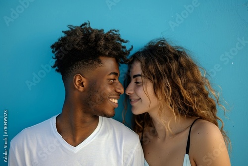 Horizontal shot of mixed race, couple stand closely to each other, isolated over background
