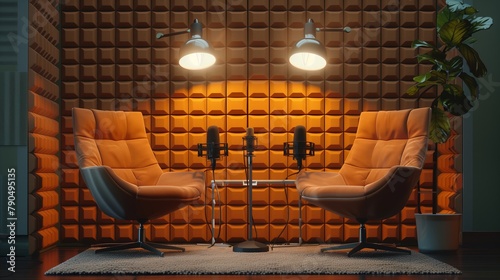 Two cozy chairs and studio microphones for podcast or interview.