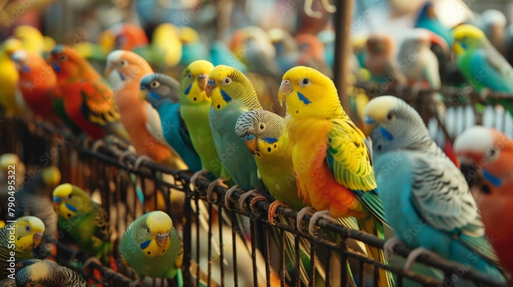 Obraz premium Colorful birds on fence in cage