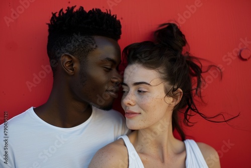 Horizontal shot of mixed race, couple stand closely to each other, isolated over background.