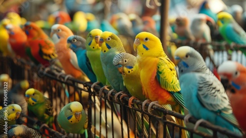 Colorful birds on fence in cage