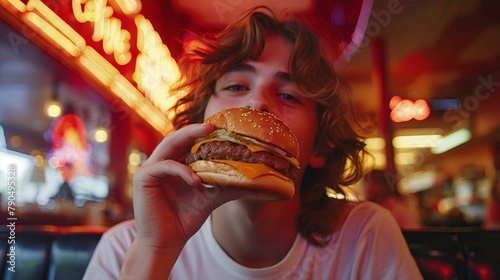 Candid Shot  Genre Fast Food  Emotion Satisfying  Scene Eating a juicy cheeseburger at a diner  Composition Asymmetrical  Lighting Neon lights  Time Evening  Location Retro Diner , high resolution photo