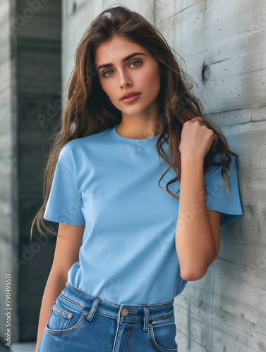 A woman wearing a blank blue t-shirt mock-up, mock up for t-shirt design 