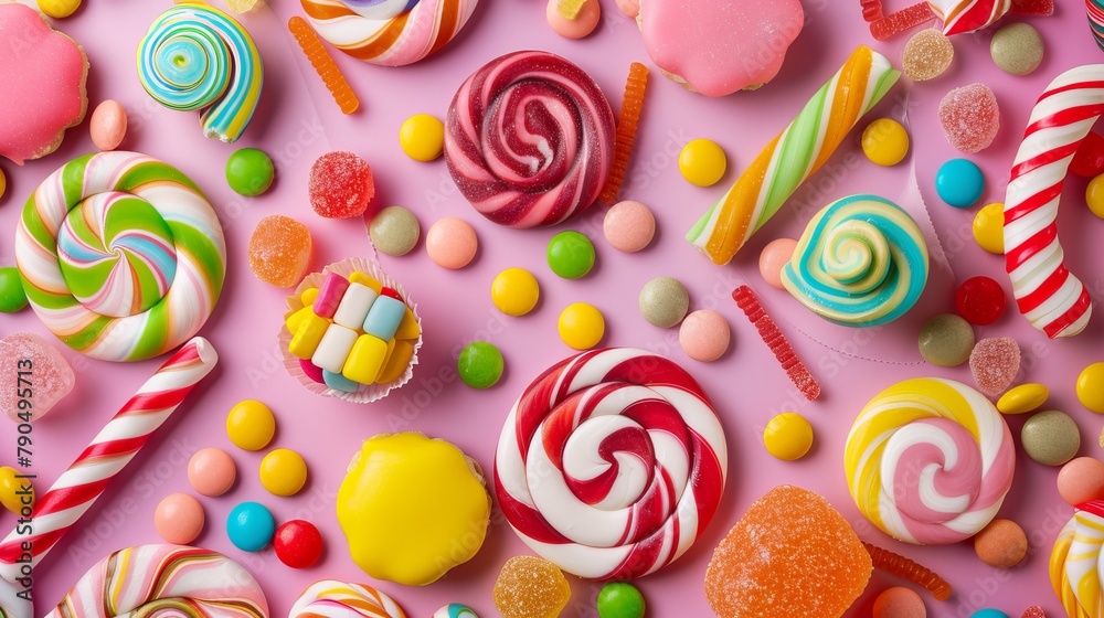 The concept of National Candy Day, top view. Copy space area for text. Background, banner, template, events card The concept of National Candy Day, top view. Copy space area for text. Background, banner, template, events card
