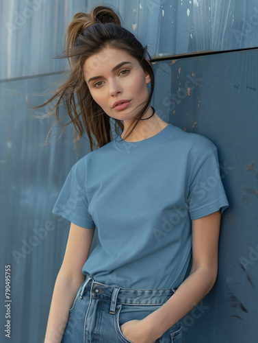 A woman wearing a blank blue t-shirt mock-up, mock up for t-shirt design 