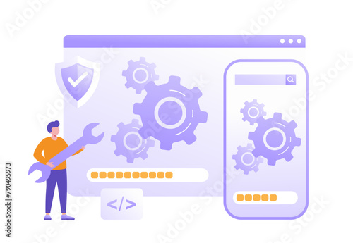 system update, maintenance, loading, installation software, technology, internet, application, flat vector illustration banner background for landing page website