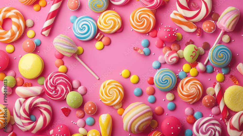 The concept of National Candy Day, top view. Copy space area for text. Background, banner, template, events card The concept of National Candy Day, top view. Copy space area for text. Background, banner, template, events card