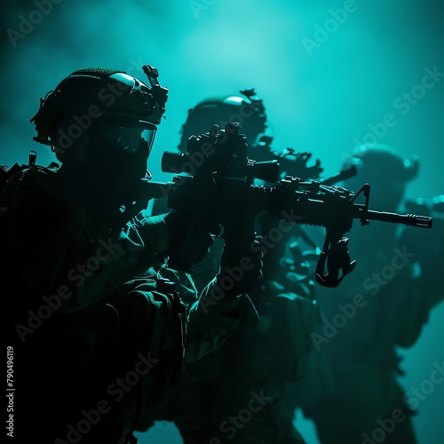 Bull commandos on stealth mission, night operation, low-light, close angle