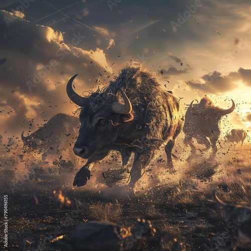 Bull soldiers breaking through enemy lines, intense action, ground level, dawn