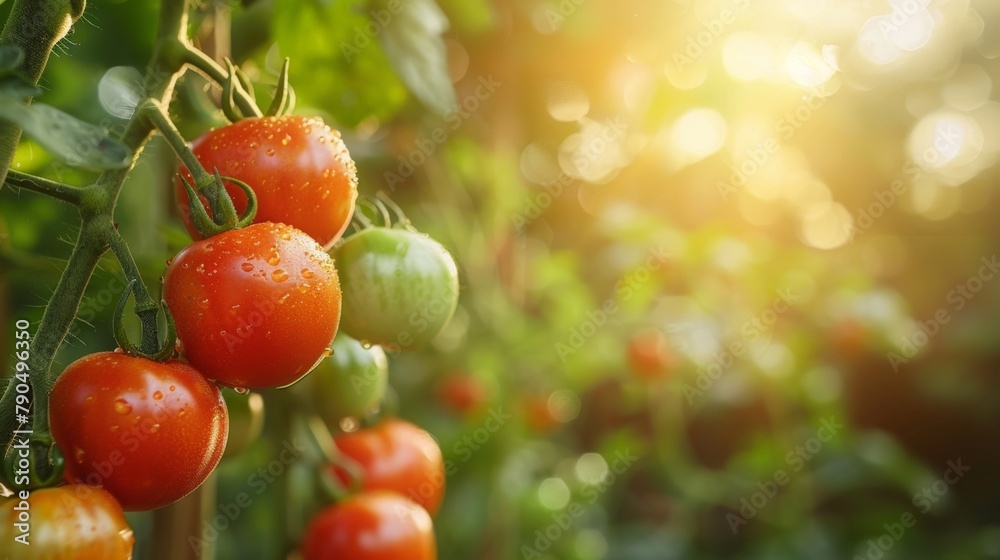 Fresh tomatoes on vine, basking in sunlight