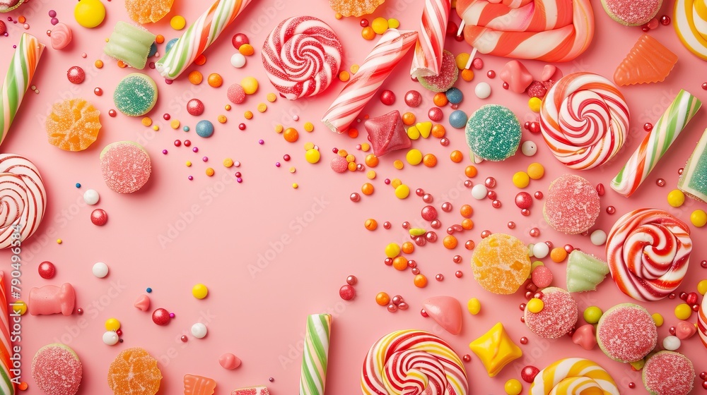 The concept of National Candy Day, top view. Copy space area for text. Background, banner, template, events card The concept of National Candy Day, top view. Copy space area for text. Background, banner, template, events card