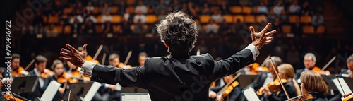 The conductor, with arms outstretched in fervent movement, guides the symphony orchestra in a magnificent performance on the elegant stage of a renowned music venue, eliciting awe from the spectators. photo