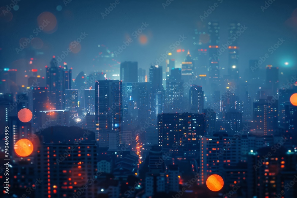 The skyline of the city is illuminated by a stunning display of bokeh lights.