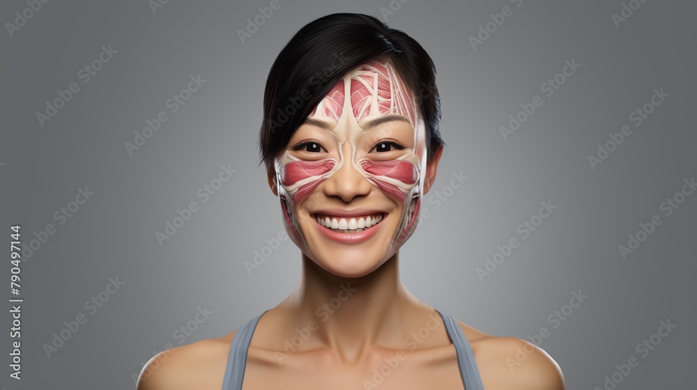 Frontal view of a beautiful Asian woman smiling, half of her face showing internal muscles anatomy, high quality Frontal view of a beautiful Asian woman smiling, half of her face showing internal muscles anatomy, high quality