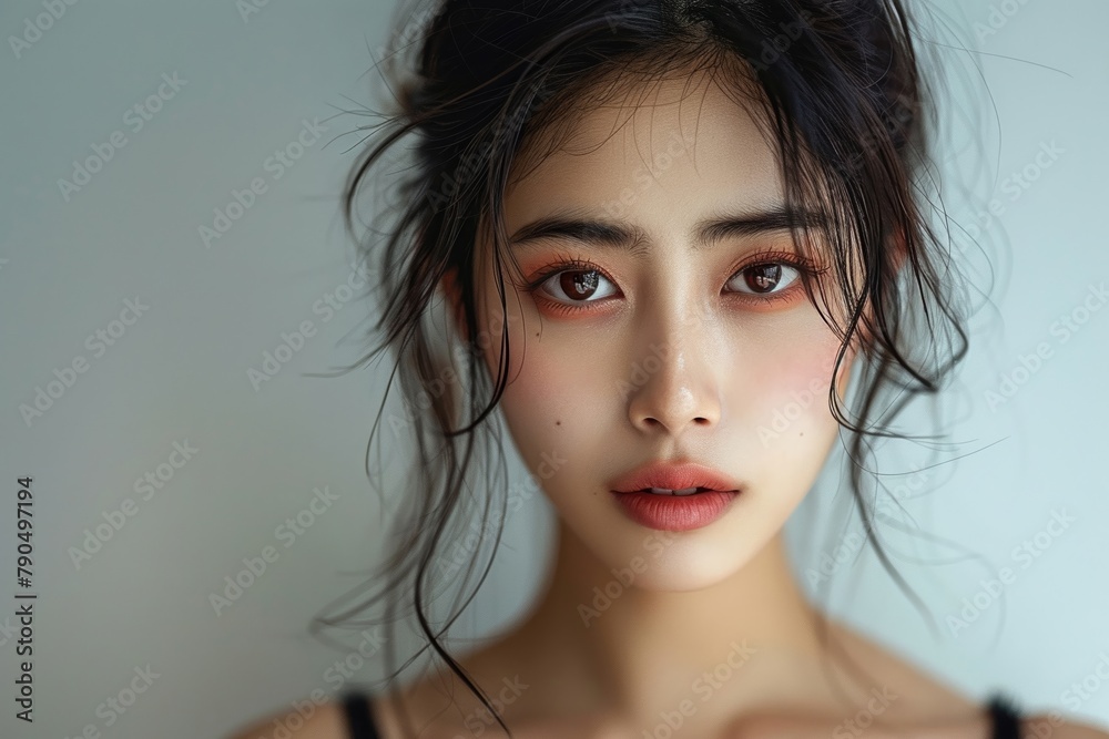 Portrait of a beautiful East Asian woman taken in a professional studio setting with a plain background. Generated using artificial intelligence technology. Portrait of a beautiful East Asian woman taken in a professional studio setting with a plain background. Generated using artificial intelligence technology.