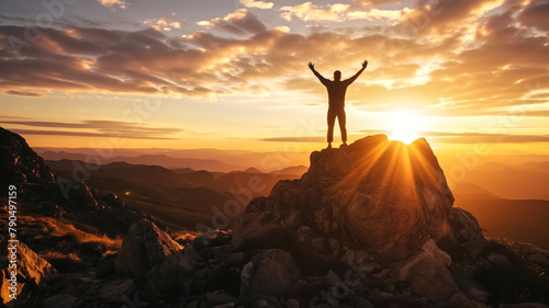 Silhouette of a triumphant individual standing on a mountain peak as the sun sets  emanating feelings of accomplishment and freedom. 