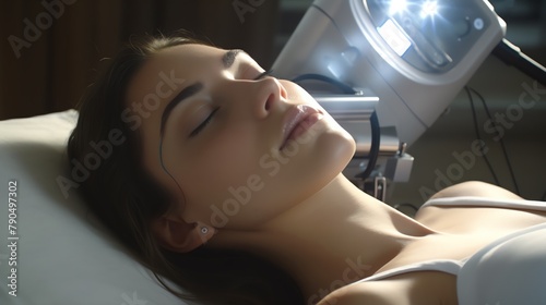 A 20yearold beauty in a beauty salon using a spectrometer to do beauty, eyes closed, side, lying down, medium lens, real photography photo