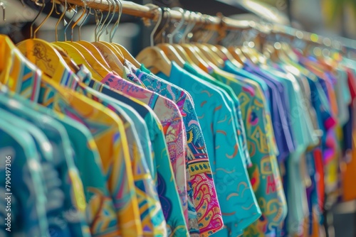 Vibrant shirts on street market rack with abstract blurred background