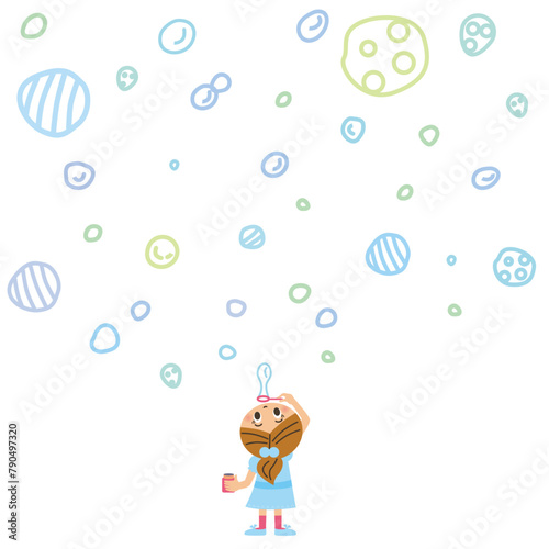 シャボン玉を吹く子供のカットイラスト 