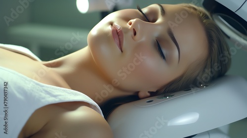 A 20yearold beauty in a beauty salon using a spectrometer to do beauty, eyes closed, side, lying down, medium lens, real photography photo