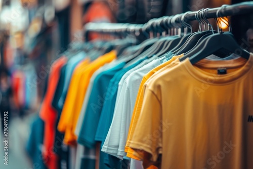 Vibrant T-shirts on street market rack with abstract blurred background