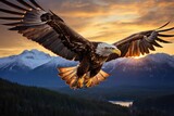 A bald eagle gracefully flies through the air, framed by towering mountains in the background. Generative AI