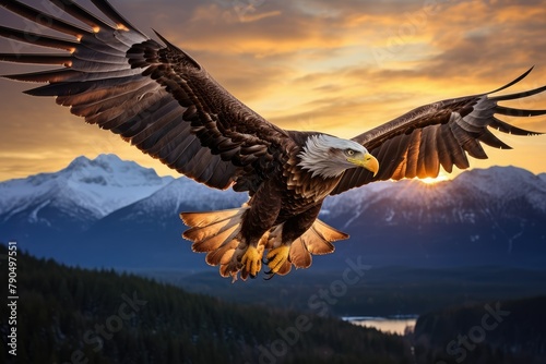 A bald eagle gracefully flies through the air, framed by towering mountains in the background. Generative AI © Jahan Mirovi
