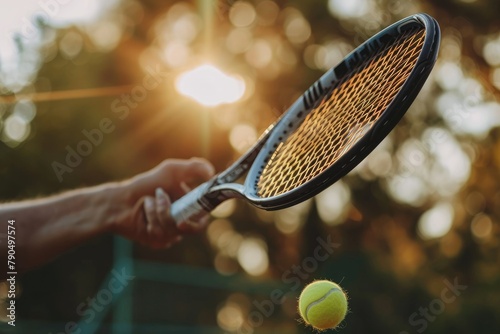 A close up of a tennis racket striking a ball,Tennis player hit shot tennis ball, AI generated