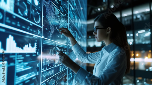 A professional data analyst examines and interacts with dynamic digital data visualizations on high-tech transparent screens.
