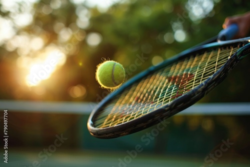 A close up of a tennis racket striking a ball,Tennis player hit shot tennis ball, AI generated