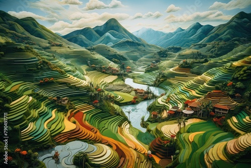 A painting depicting a valley with step-by-step style hills and towering mountains in the background. Generative AI photo