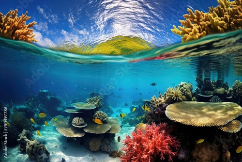A view of a colorful coral reef teeming with marine life  with a majestic mountain visible in the background. Generative AI