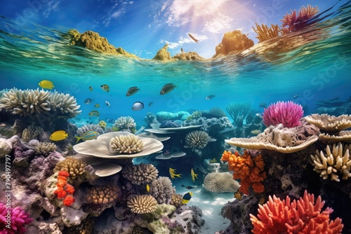 A view beneath the water showcasing a vibrant coral reef with a variety of coral species. Generative AI © Jahan Mirovi