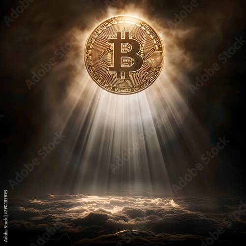 Bitcoin emerging from divine light, godly presence in the shadows, close-up, serene halo effect. photo