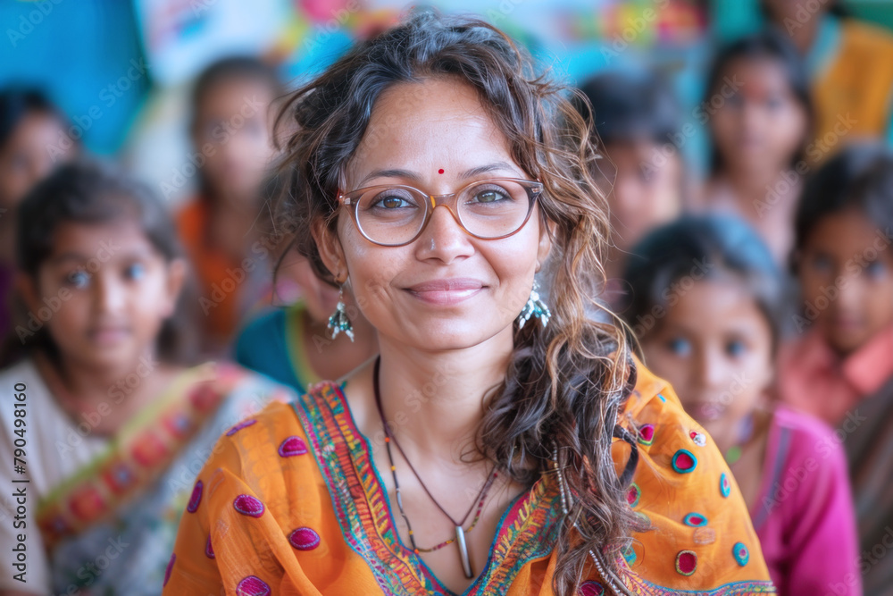 Tanned indian teacher is educating her students in front of the class