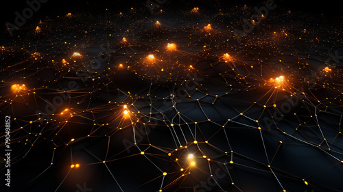 A network visualization with interconnected nodes and lines, highlighted by glowing points of light, symbolizing connectivity and data. 