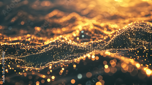 A digital representation of a landscape with undulating waves made up of countless glowing particles in a warm golden tone. 