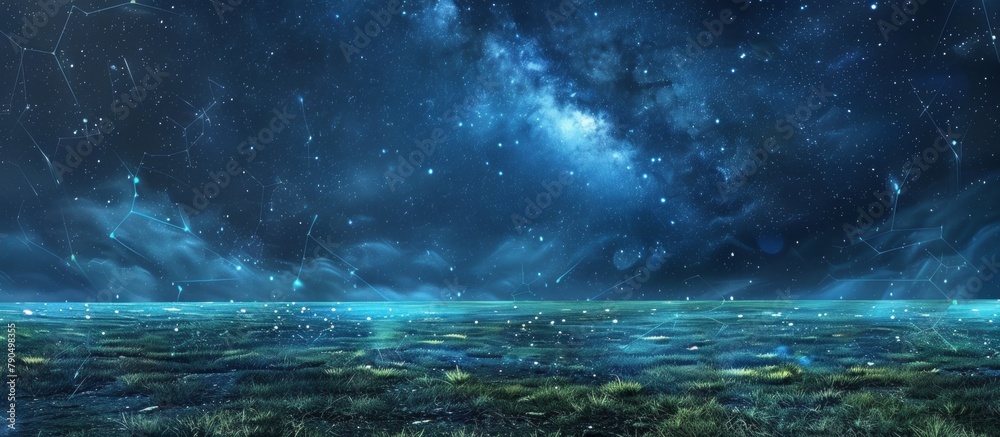Vibrant artwork depicting a serene field with lush green grass, stretching under a spectacular night sky filled with countless twinkling stars Vibrant artwork depicting a serene field with lush green grass, stretching under a spectacular night sky filled with countless twinkling stars