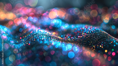 This abstract image features waves made of sparkling particles, surrounded by a sea of soft-focus bokeh lights in vibrant hues.
 photo